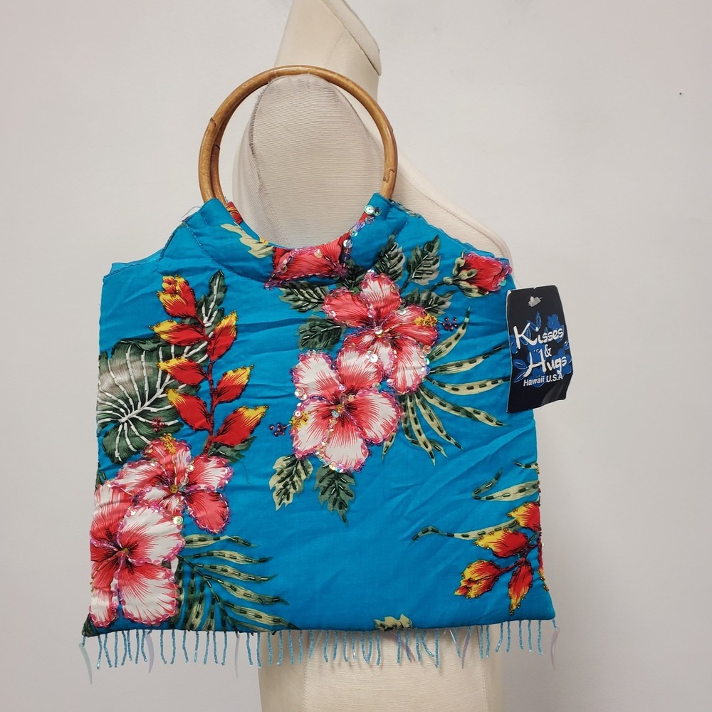 Vintage Y2K Womens Hawaiian Bamboo Ring Bag One Size Tropical Hibiscus Beaded